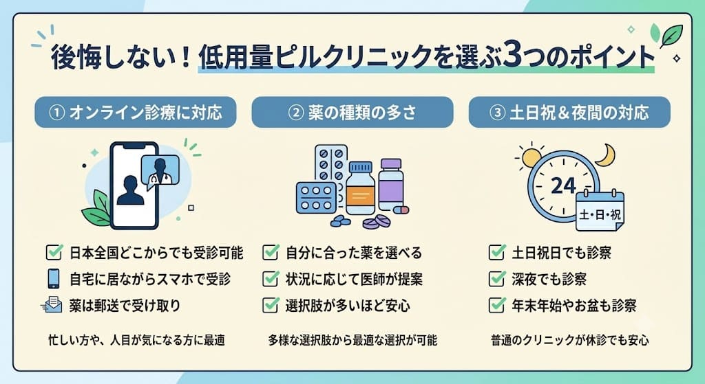 後悔しない!低用量ピルクリニックを選ぶ3つのポイント