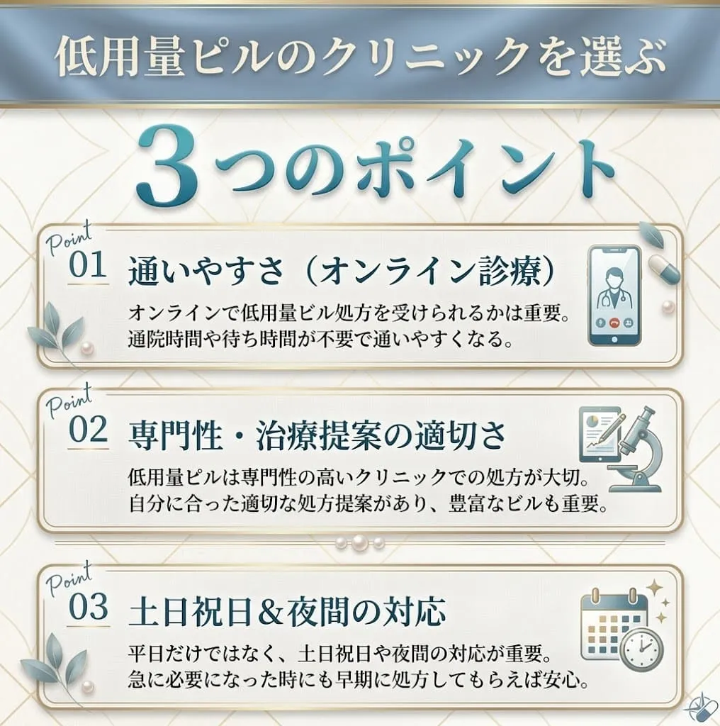低用量ピル処方クリニックの後悔しない選び方【3つのポイント】